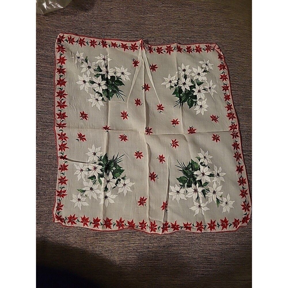 Vtg Christmas RED WHITE Handkerchief Poinsettias Border Sheer Holiday